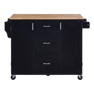 Black Rubber Wood Top 50 in. Kitchen Island on 5-Wheels with 3-Drawers, Spice Rack and Tower Rack