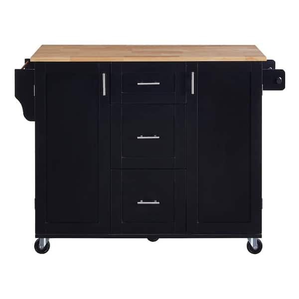 Cesicia Black Rubber Wood Top 50 in. Kitchen Island on 5-Wheels with 3 ...