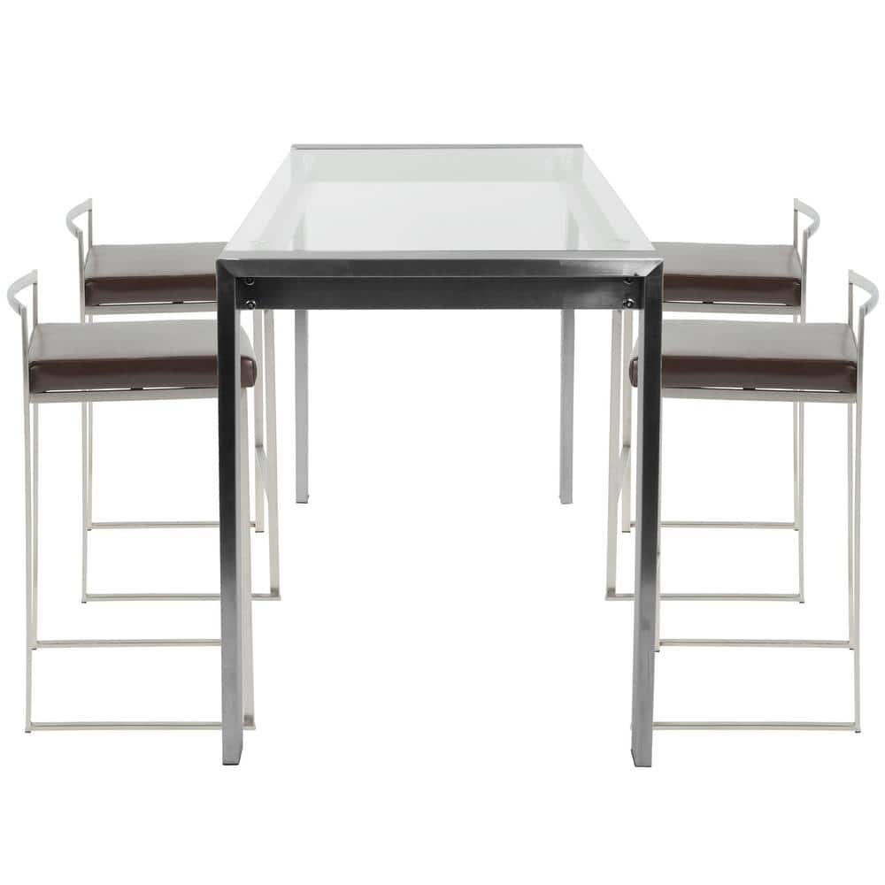 Sleek Fuji 5-Piece Counter Height Dining Set in Chrome and Brown