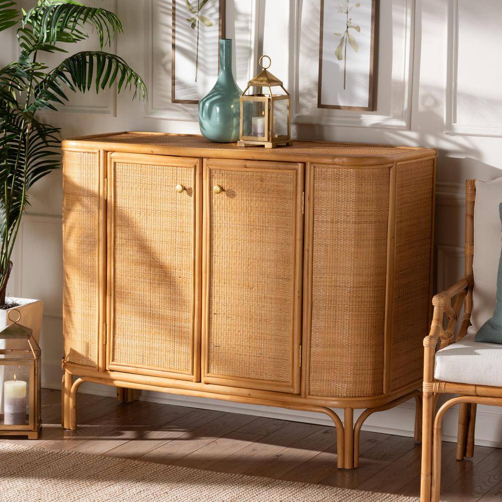 Natural Brown Rattan 2-Door Storage Cabinet with Gold Knobs