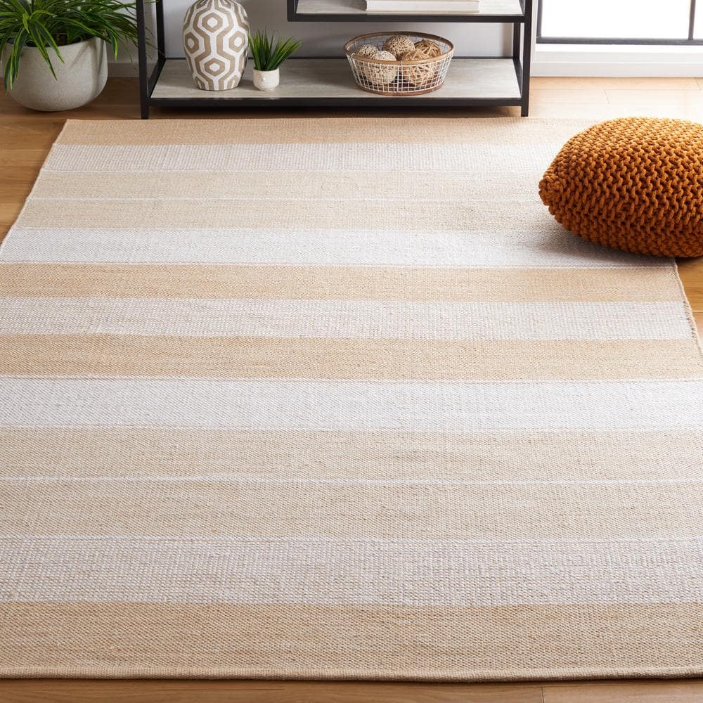 Ivory and Gold Striped Wool Cotton 4' x 6' Area Rug