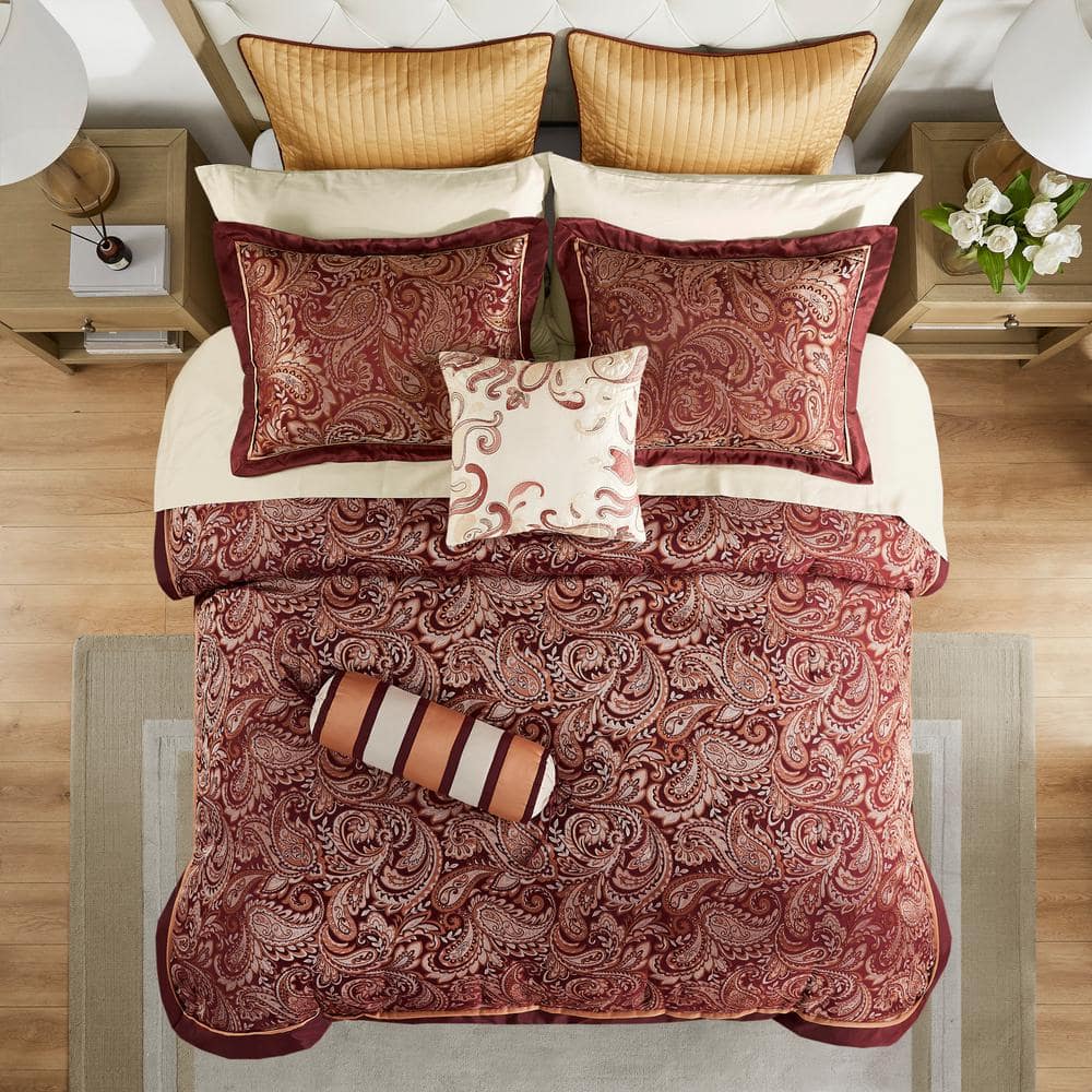 King Red Jacquard Cotton 12-Piece Comforter Set