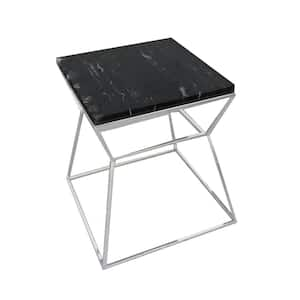 18 in. Black and Silver Square Marble End Table with Open Hourglass Frame