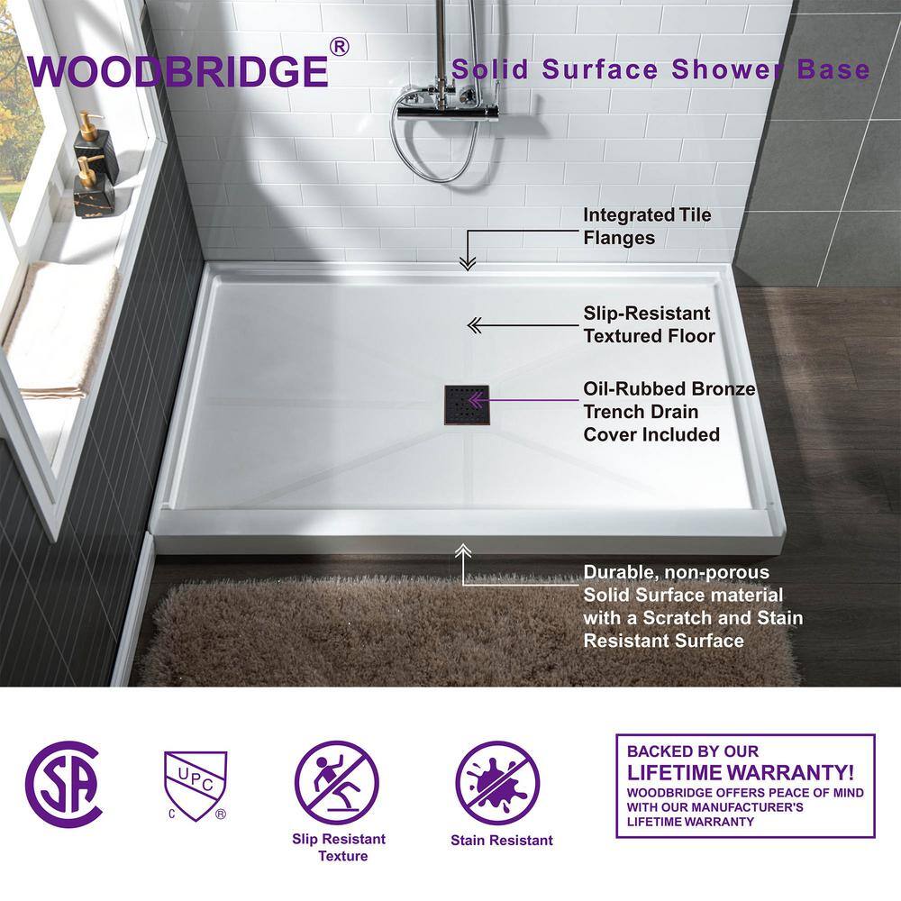 60" x 36" White Solid Surface Rectangular Shower Pan Base with Oil-Rubbed Bronze Drain Cover