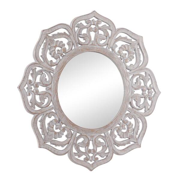 Litton Lane 32 In X Round Distressed White Fl Carved Wood Framed Wall Mirror 22338 The Home Depot Litton Lane 32 In X Round, Carved Wood Frame Round Mirror
