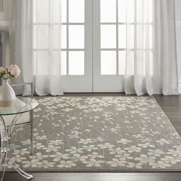 6' X 9' Beige And Gray Floral Area Rug