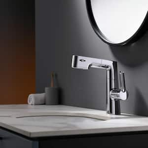 Single Handle Single Hole Bathroom Faucet with Pull-out Spray, Adjustable Height, Temperature Display Function in Chrome