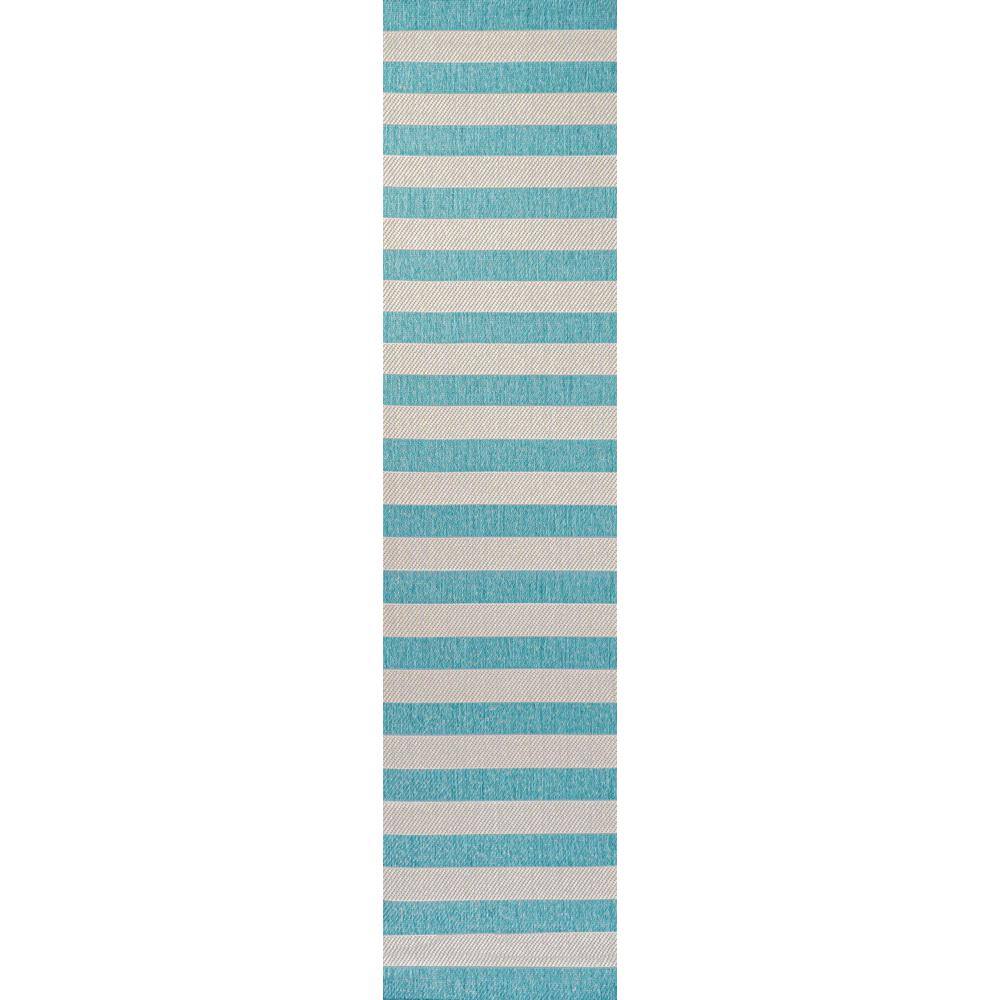 Ivory and Aqua Wide Stripe Reversible Indoor/Outdoor Rug