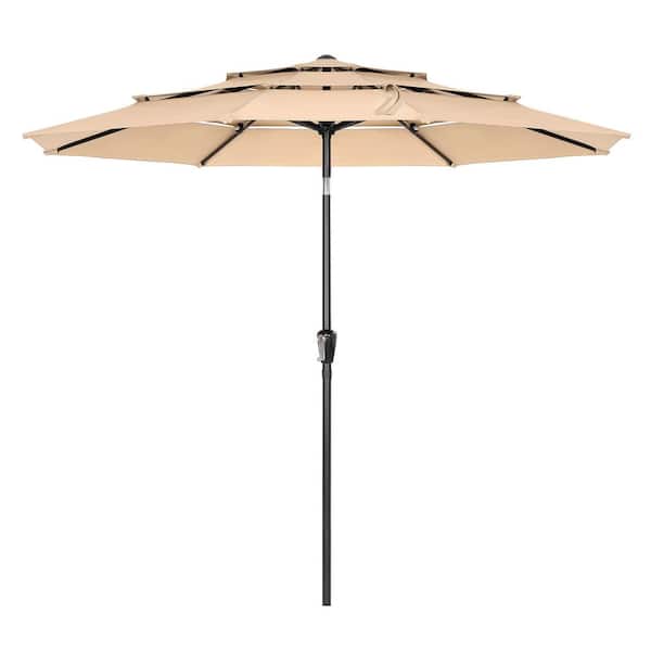 9 ft. Metal Market Patio Umbrella with 3-Tiered Sunshade and Push Button Tilt and Easy-Open Crank in Khaki