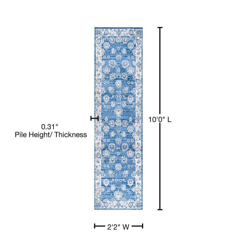 Blue and Ivory Floral Synthetic Runner Rug