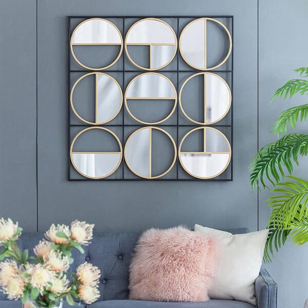 Blisstyle Golden Black 35.6 in. W x 35.6 in. H Art Deco lrregular Iron Framed Mirror Wall Mirror Wall Decor Mirror