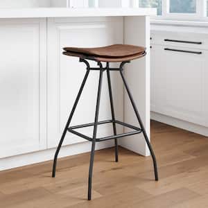 30 in. Dominique Brown Leather Backless Metal Frame Kitchen Bar Stool with Saddle Seat
