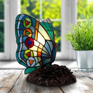 8.5 in. Multi-Color Tiffany Style Rounded Wing Butterfly LED Table Lamp