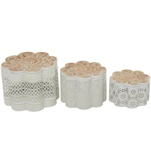 White Metal Quatrefoil Decorative Jars with Wood Carved Lids (Set of 3)