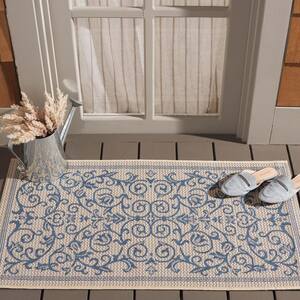 Courtyard Natural/Blue Doormat 2 ft. x 4 ft. Border Indoor/Outdoor Patio Area Rug