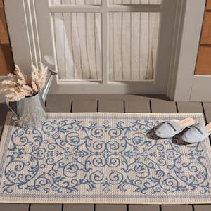 Courtyard Natural/Blue Doormat 2 ft. x 4 ft. Border Indoor/Outdoor Patio Area Rug