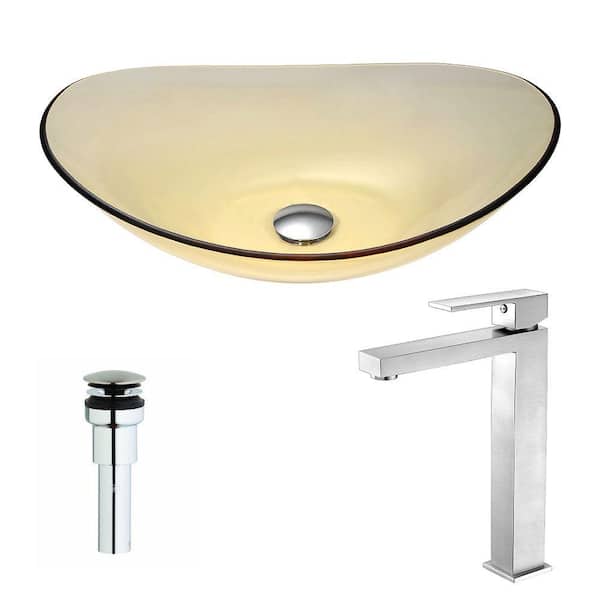 ANZZI Mesto Series Deco-Glass Vessel Sink in Lustrous Translucent Gold with Enti Faucet in Brushed Nickel