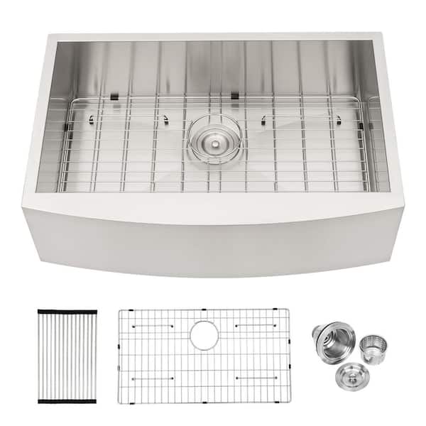 EPOWP 33 in Farmhouse/Apron-Front Single Bowl 18 Gauge Brushed Nickel Stainless Steel Kitchen Sink with Bottom Grid
