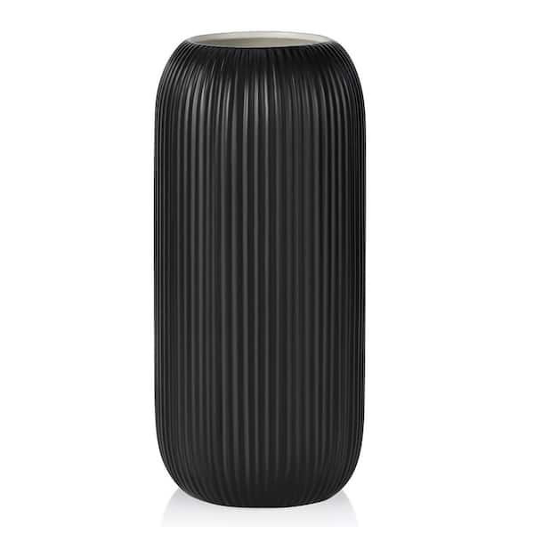 Unbranded 8 in. Matte Black Ceramic Bottle Decorative Vase, Modern Small Ribbed Textured Flower Vase for Home Decor