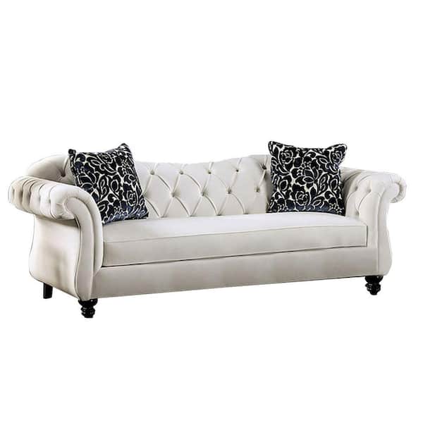 Benjara 86.5 in. Rolled Arm Velvet Rectangle Reverse Camelback Sofa in White and Black