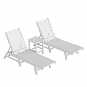 Laguna White 3-Piece All Weather Fade Proof HDPE Plastic Outdoor Patio Reclining Chaise Lounge Chairs and Side Table Set