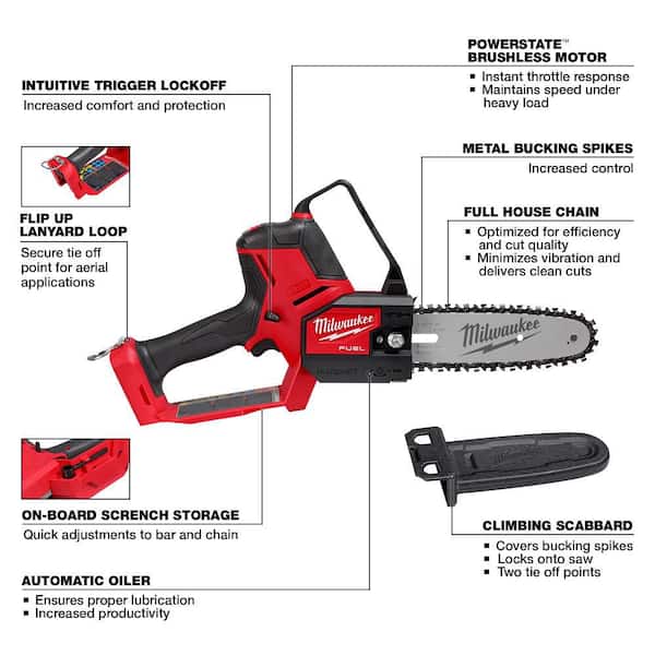 Milwaukee M18 FUEL 8 in. 18V Lithium-Ion Brushless Electric Battery Chainsaw 8 in. HATCHET Pruning Saw with Two 8 in. Saw Chain