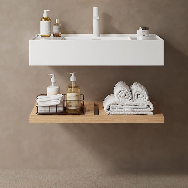 5.51 in. White Acrylic Wall-Mounted Bathroom Integrated Sink and Shelf