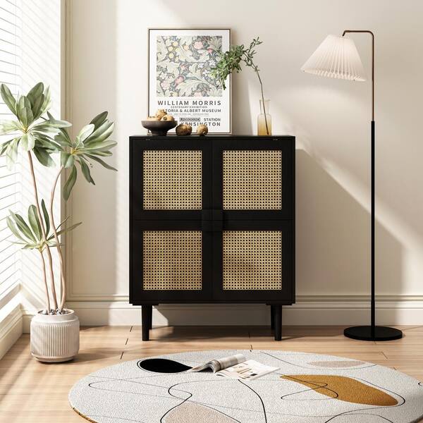 ★ Akari ★ WALLABY BASKET STAND Black Tahanbath 4-Doors Rattan Mesh Storage Cabinet, Sideboard