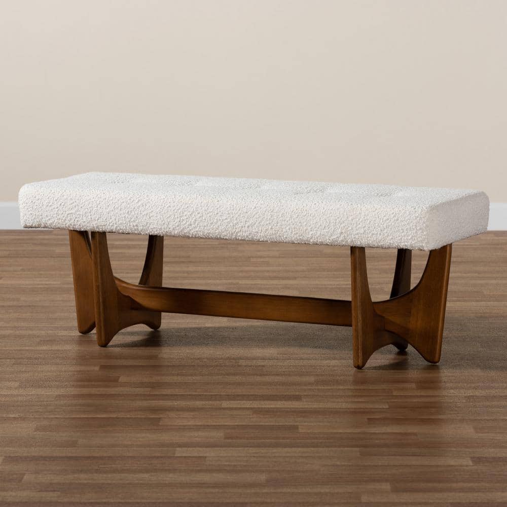 Cream Boucle Fabric and Walnut Wood Bench with Button-Tufted Seat
