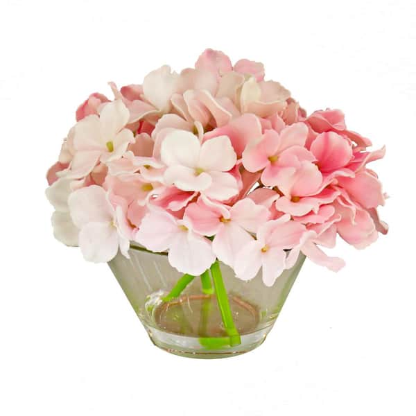 National Tree Company 8 in Artificial Floral Arrangements Hydrangea with Acrylic Water in Glass- Color: Light Pink