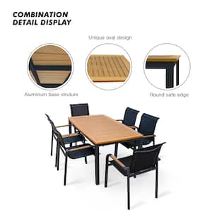 7-Piece Black Aluminum Outdoor Dining Table Set Luxury Faux Wood Tabletop Accent Table Set