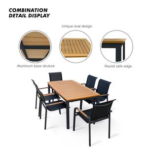 7-Piece Black Aluminum Outdoor Dining Table Set Luxury Faux Wood Tabletop Accent Table Set