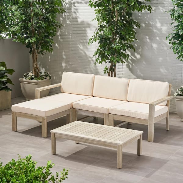 Noble House Santa Ana Light Grey 5-Piece Wood Patio Conversation Sectional Seating Set with Cream Cushions