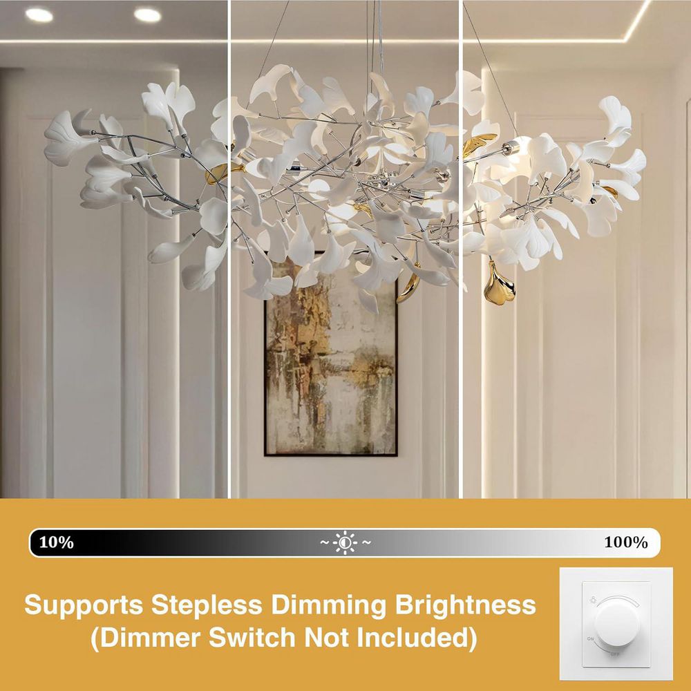 YUYI 10-Light Silver Chandelier, Luxury Ceramic Ginkgo Branch