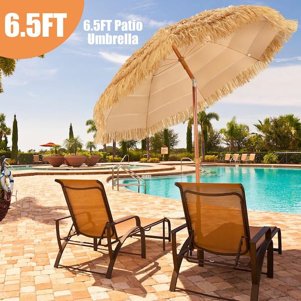 6.5 ft. Thatch Tiki Beach Umbrella Outdoor Patio Umbrella with Adjustable Tilt in Khaki