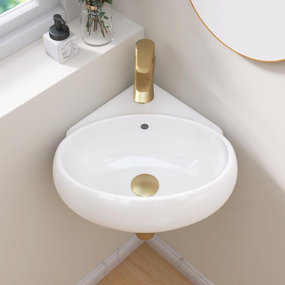 14.13 in Corner Wall-Mounted Oval Bathroom Sink in White Ceramic Wall Hung Floating Vessel Sink With Overflow price history on PriceWatchPro