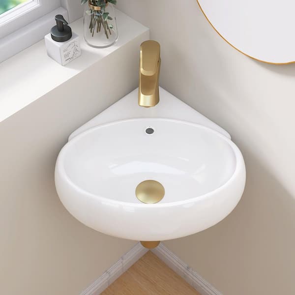 14.13 in Corner Wall-Mounted Oval Bathroom Sink in White Ceramic Wall Hung Floating Vessel Sink With Overflow