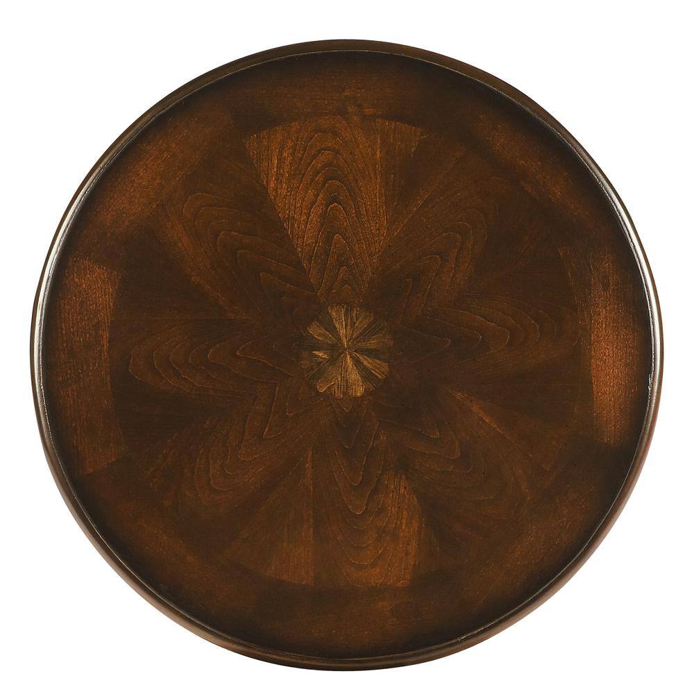 Brown Round Transitional Wood Accent Table with Veneer Inlay