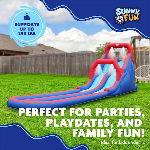 SUNNY & FUN Dual Splash Blue Inflatable Water Slide Park and Blow