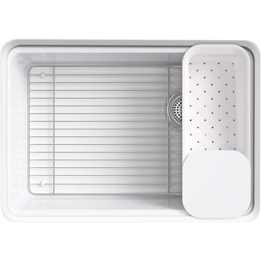 White Enamelled Cast Iron Single-Bowl Kitchen Sink with Accessories
