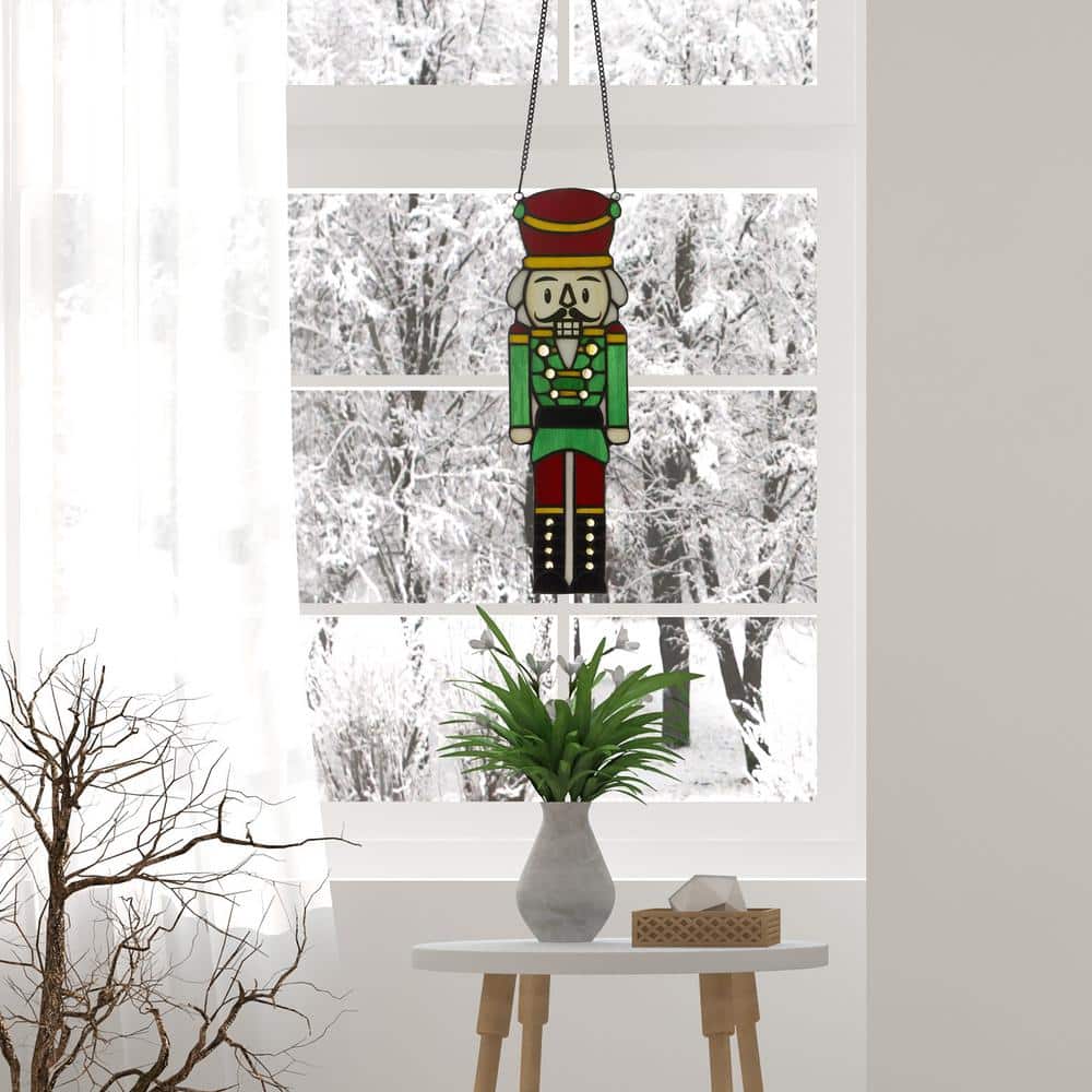 14" Red and Green Stained Glass Nutcracker Window Panel