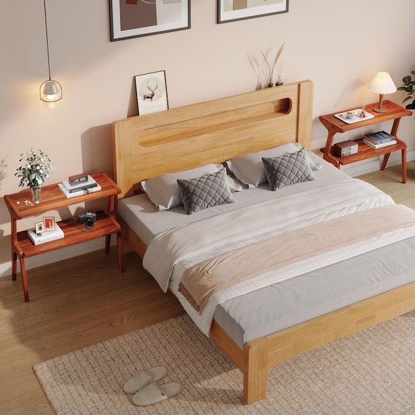 BYBLIGHT Kerlin 27. 56 in. Natural Wood Rectangle All Solid Wood Side Table, Minimalist End Table with Shelves, 2-Piece