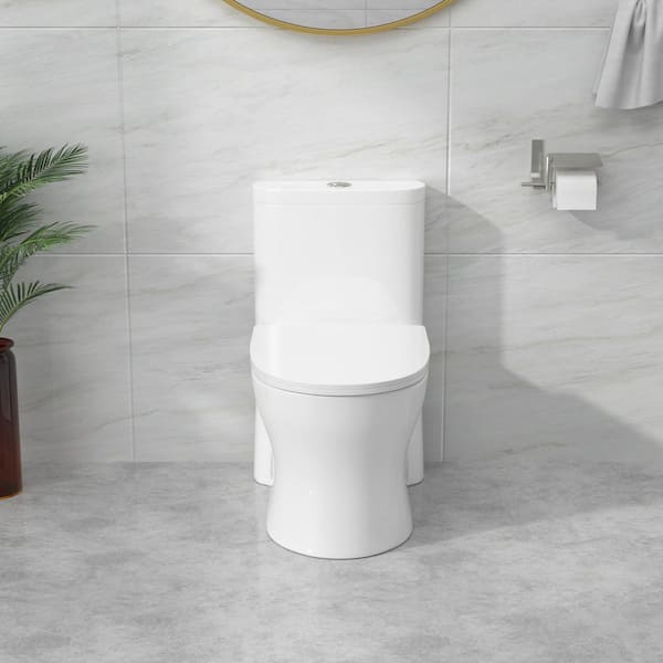 12 in. Rough-In 1-Piece 1.22/1.6 GPF Dual Flush Elongated Ceramic Toilet in Glossy White Included Slow Close Seat