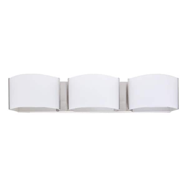 23 in. 3-Light Brushed Nickel Integrated LED Bathroom Vanity Light with White Shade