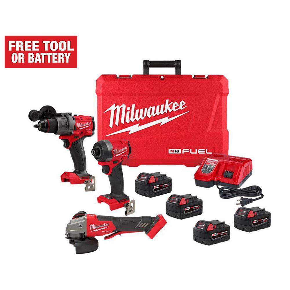 Milwaukee M18 FUEL 18-Volt Li-Ion Brushless Cordless Hammer Drill and Impact Driver Combo Kit (2-Tool) with 4 Batteries & Grinder