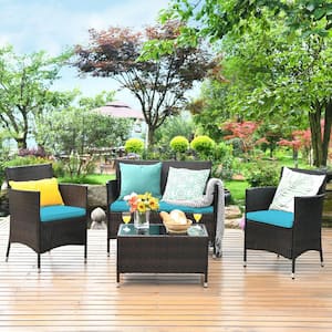 4-Piece Patio Rattan Conversation Set Outdoor Wicker Furniture Set with Tempered Glass in Blue Cushion