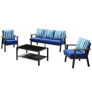 Walden Grey 4-Piece Wicker Metal Outdoor Patio Conversation Sofa Seating Set with Striped Navy Blue Cushions