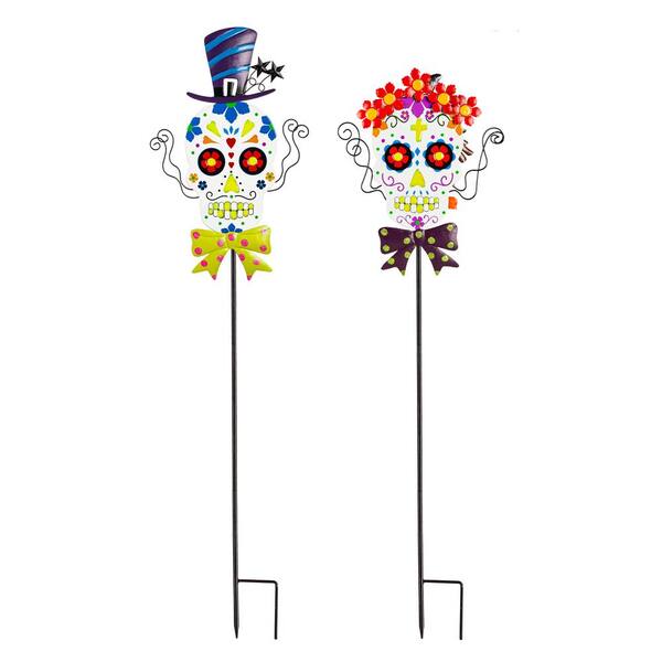 Evergreen Skull with Flowers 40 in. Glow in the Dark Garden Stake