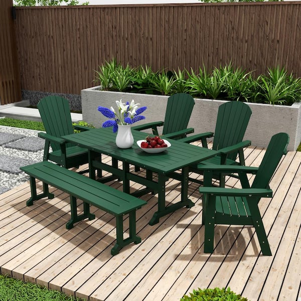 WESTIN OUTDOOR Altura Outdoor Patio Weather Resistant 6-Piece HDPE Plastic Dark Green Rectangle Adirondack Dining Set With Bench