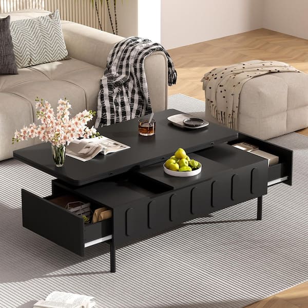 Harper & Bright Designs Multi-Functional 43.3 in. Black Lift-Top Rectangle Wood Coffee Table with Foldable Top, 2 Drawers, Hidden Storage